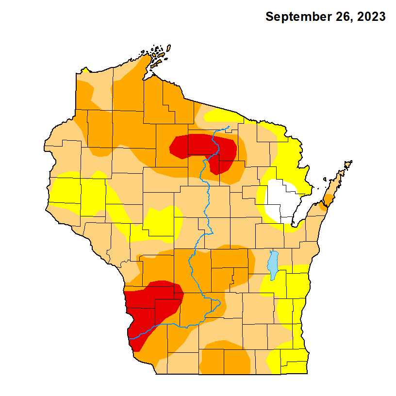 Wisconsin drought conditions in late September 2023. It was one of the worst droughts in the state since the start of the U.S. Drought Monitor in 2000.