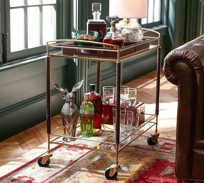 Roller Bar Cart, $399 at <a href="http://www.potterybarn.com/products/brady-bar-cart/?pkey=csmall-spaces-furniture%7Ckitchen-small-space%7C&amp;&amp;csmall-spaces-furniture|kitchen-small-space|" target="_blank">Pottery Barn</a>