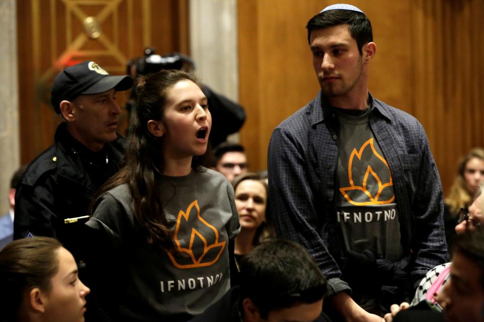 Protesters from If Not Now during the Senate Foreign Relations Committee hearing on David Friedman’s nomination to be U.S. ambassador to Israel. (Photo: Yuri Gripas/Reuters)