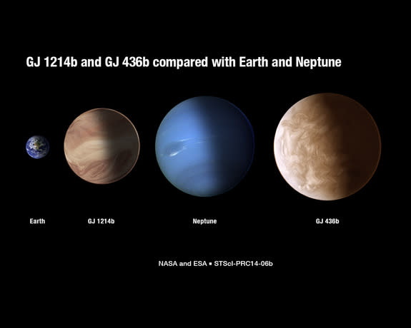 This artist illustration compares the sizes of exoplanets GJ 436b and GJ 1214b with Earth and Neptune. Hubble Space Telescope observations suggest the exoplanets are blanketed with clouds. Image released Dec. 31, 2013.