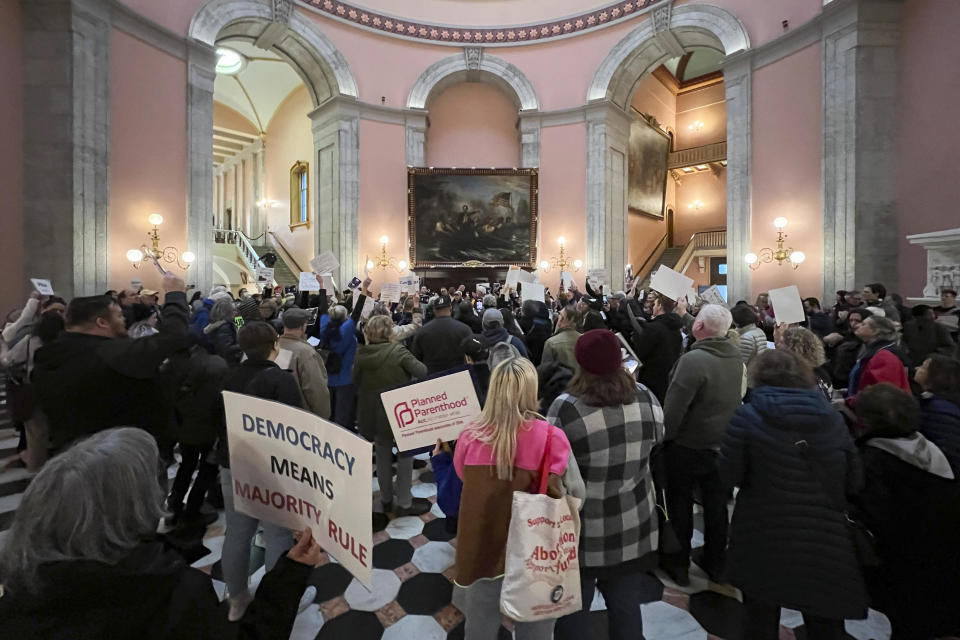 Protesters gather inside the Ohio Statehouse on May 3, 2023, in Columbus to protest a group of Republican legislators' attempt to make it harder to pass constitutional amendments. / Credit: Patrick Orsagos / AP