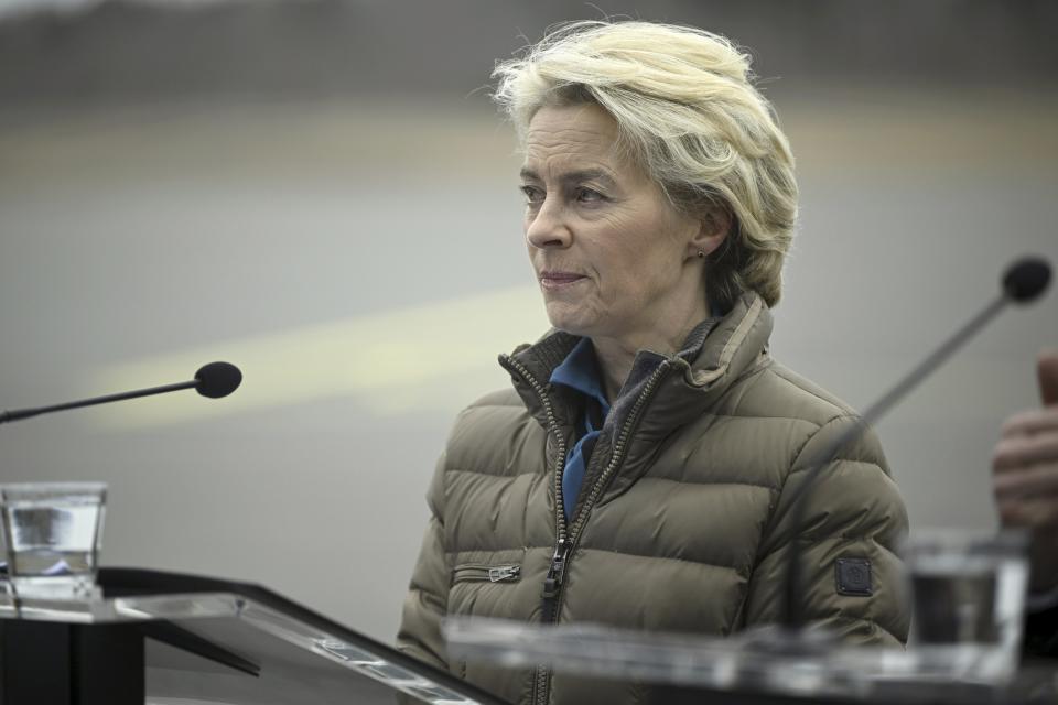 President of the European Commission Ursula von der Leyen looks on during her joint press conference with Finnish Prime Minister Petter Orpo at the Lappeenranta airport, eastern Finland, Friday April 19, 2024. President von der Leyen and Prime Minister Orpo visited the eastern border region of Finland on Friday and discussed what Finland and the EU can do to prevent instrumentalised migration to Finland's eastern border. (Antti Aimo-Koivisto/Lehtikuva via AP)