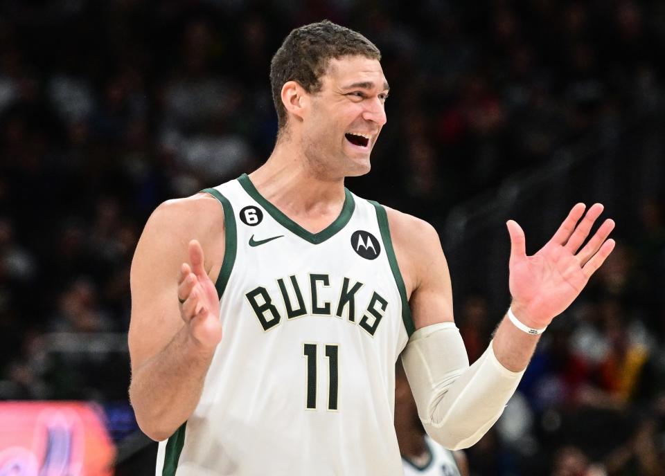 Milwaukee Bucks center Brook Lopez reacts in the second quarter during the game against the Philadelphia 76ers at Fiserv Forum.