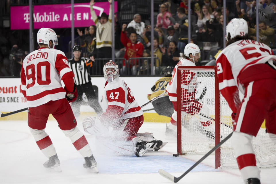 Detroit Red Wings goaltender James Reimer (47) looks to the net after Vegas Golden Knights right wing Jonathan Marchessault (81) scored a goal during the first period of an NHL hockey game on Saturday, March 9, 2024, in Las Vegas. (Ellen Schmidt/Las Vegas Review-Journal via AP)