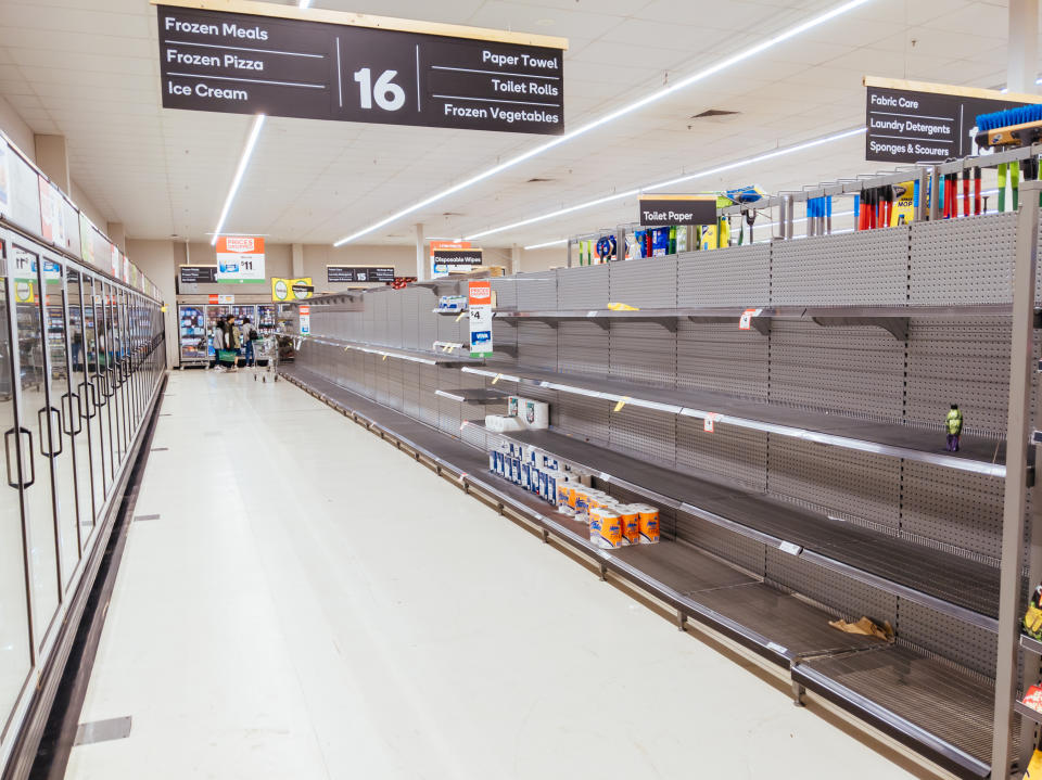 Empty shelves inside a Melbourne supermarket after coronavirus panic buying. Source: Getty Images