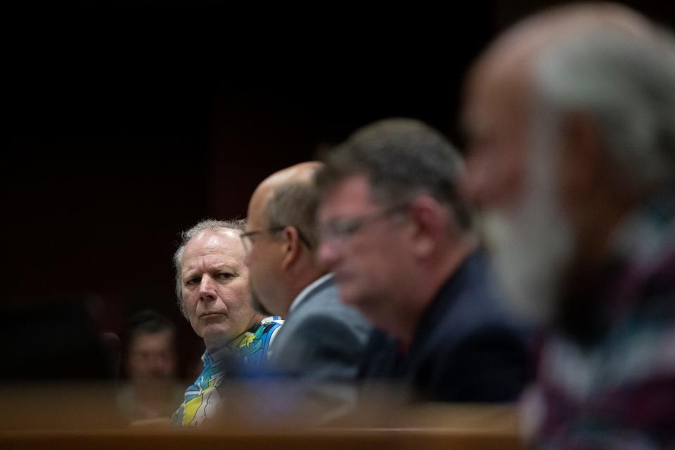 District 7 City Council Member Randy Scannell looks at District 6 City Council Member Steven Campbell during the Green Bay City Council meeting on June 28, 2022, at City Hall in Green Bay.