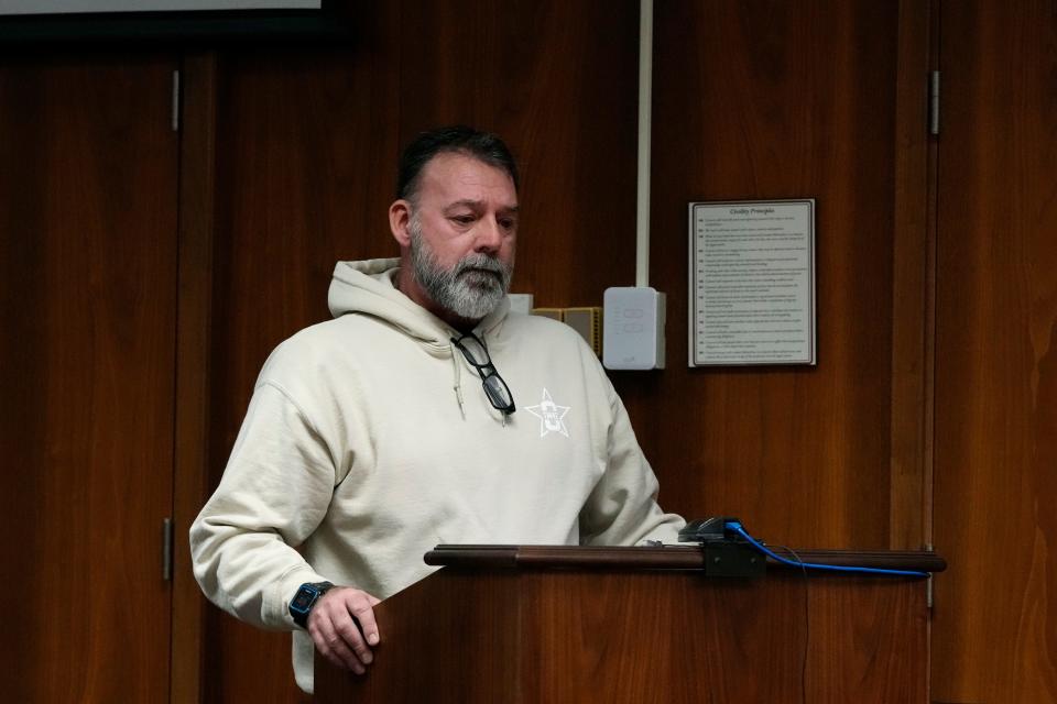 Buck Myre, the father of Tate Myre, gives his victim impact statement, Friday, Dec. 8, 2023, in Pontiac, Mich. Parents of students killed at Michigan's Oxford High School described the anguish of losing their children Friday as a judge considered whether Ethan Crumbley, a teenager, will serve a life sentence for a mass shooting in 2021.