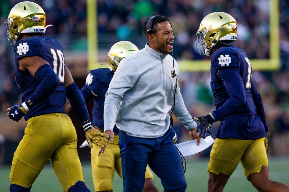 Defensive coordinator Marcus Freeman during the Notre Dame vs. Navy NCAA football game Saturday, Nov. 6, 2021 at Notre Dame Stadium in South Bend. 