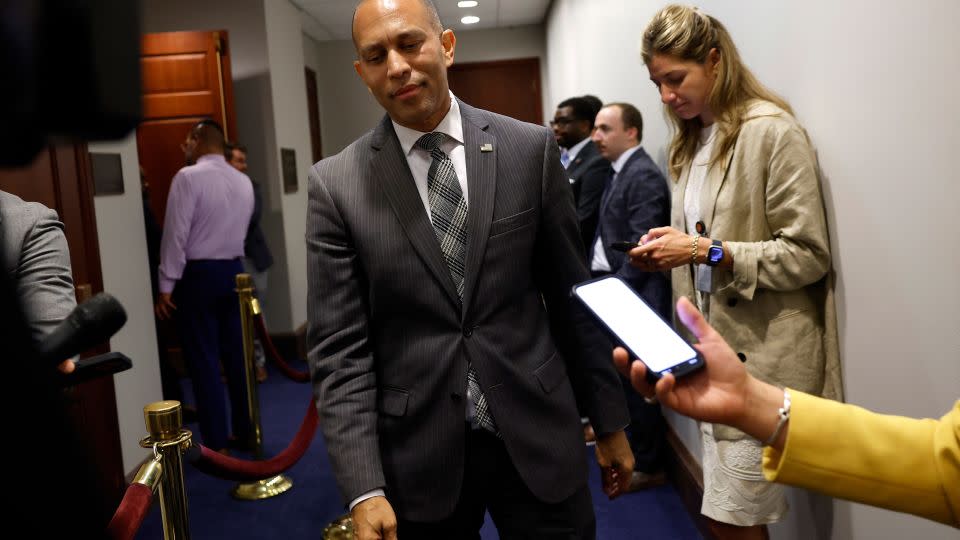 U.S. House Minority Leader Hakeem Jeffries speaks to reporters as he leaves a meeting at the U.S. Capitol on in Washington, DC July 08, 2024. - Kevin Dietsch/Getty Images