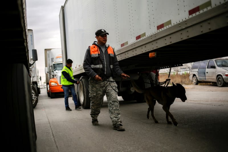 Security workers, one of them with a sniffer dog, inspect trailers queued for border customs control at Zaragoza-Ysleta border crossing bridge, in Ciudad Juarez