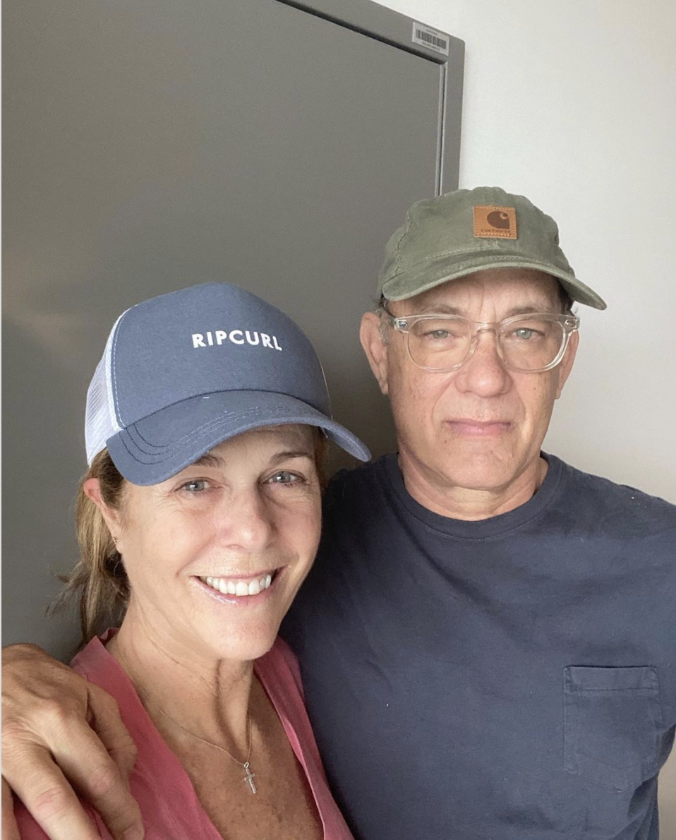 Rita Wilson, pictured with husband Tom Hanks, asked fans to help create a music playlist while the couple is battling the coronavirus. (Screenshot: Instagram/Tom Hanks)