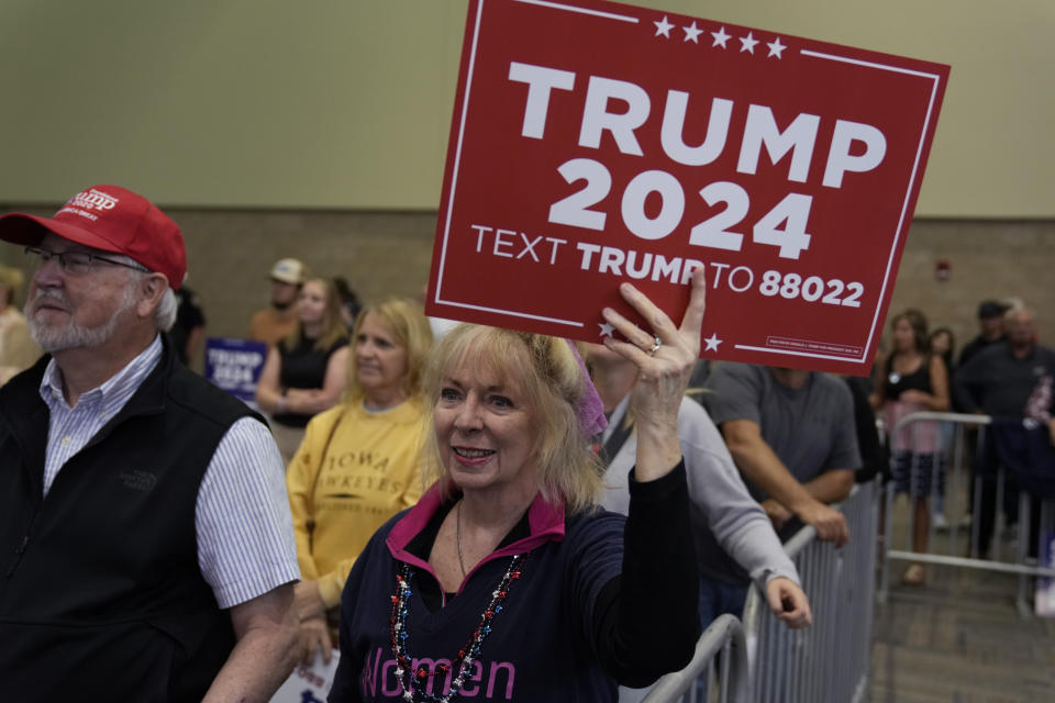 Supporters listens to former President Donald Trump during a rally, Wednesday, Sept. 20, 2023, in Dubuque, Iowa. (AP Photo/Charlie Neibergall)