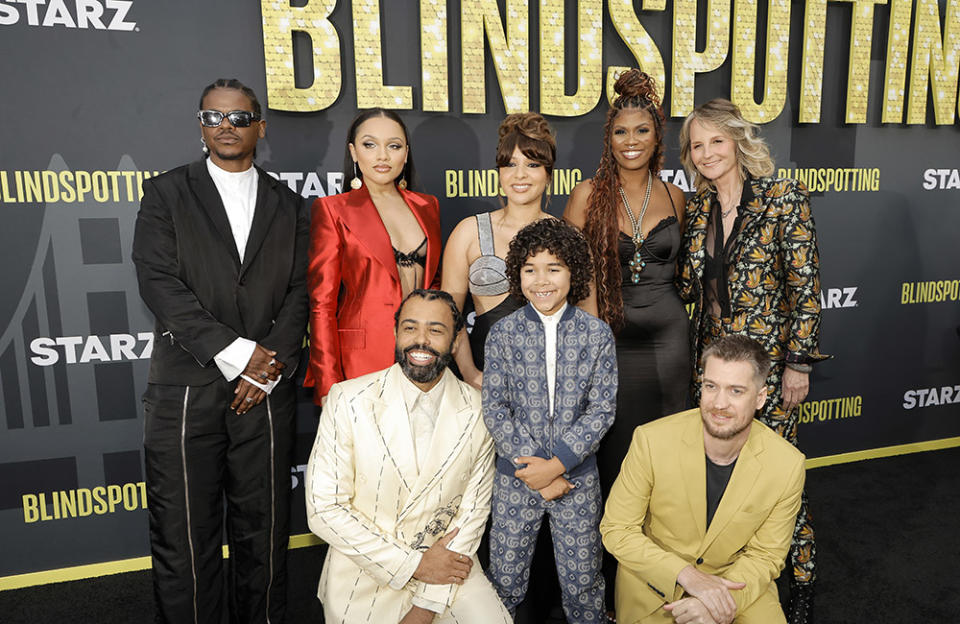 (L-R) Benjamin Earl Turner, Jaylen Barron, Daveed Diggs, Jasmine Cephas-Jones, Atticus Woodward, Candace Nicholas-Lippman, Rafael Casal and Helen Hunt attend the Los Angeles premiere of STARZ's "Blindspotting" Season 2 at NeueHouse Hollywood on April 11, 2023 in Hollywood, California.