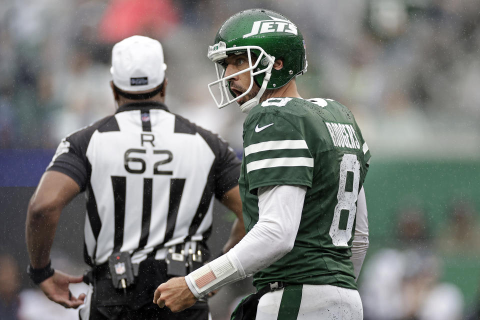 New York Jets quarterback Aaron Rodgers (8) reacts during an NFL football game against the Denver Broncos Sunday, Sept. 29, 2024, in East Rutherford, N.J. (AP Photo/Adam Hunger)