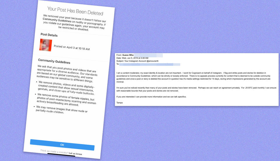Screengrabs of one of Instagram's removal notifications and the email Kaitlyn Siragusa received demanding payment in bitcoin. (Photo: HuffPost Illustration/Amouranth)