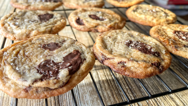 chocolate chip cookies on rack