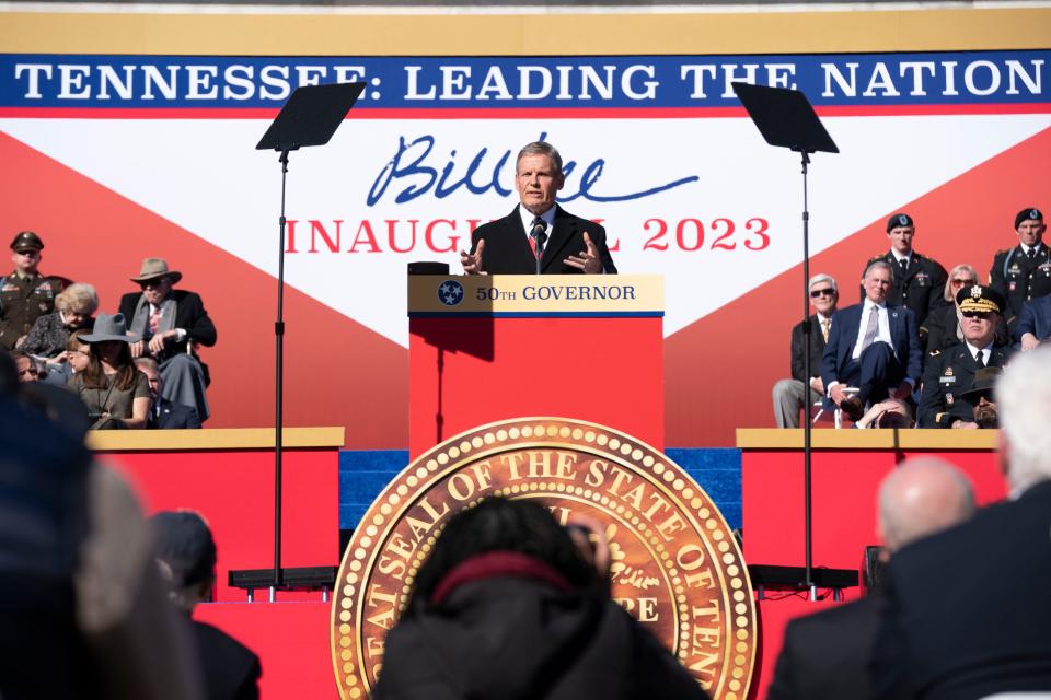 Governor Bill Lee delivers his inaugural address after taking the oath of office during the Inauguration Ceremony at Legislative Plaza Saturday, Jan. 21, 2023, in Nashville, Tenn. 