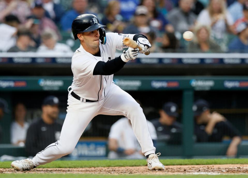 Tigers shortstop Zack Short bunts during the fourth inning of the Tigers' 3-1 win over the White Sox on Saturday, Sept. 9, 2023, at Comerica Park.