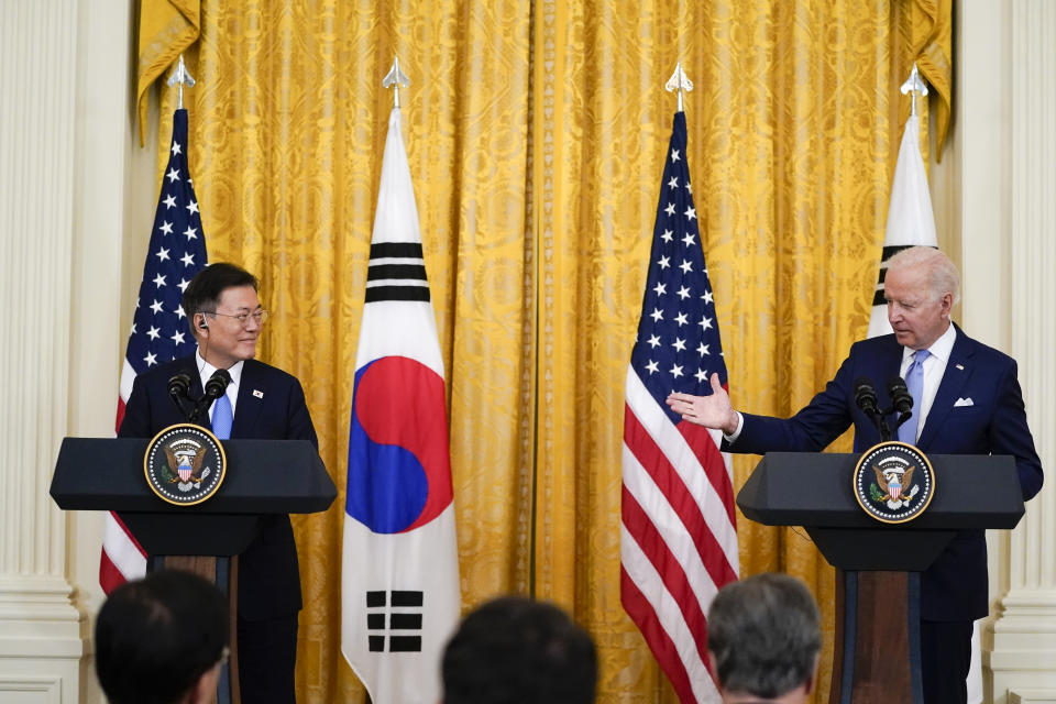 President Joe Biden speaks during a joint news conference with South Korean President Moon Jae-in, in the East Room of the White House, Friday, May 21, 2021, in Washington. (AP Photo/Alex Brandon)