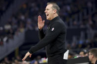 Phoenix Suns head coach Frank Vogel yells to his team during the first half of an NBA basketball game against the Golden State Warriors in San Francisco, Saturday, Feb. 10, 2024. (AP Photo/Jed Jacobsohn)