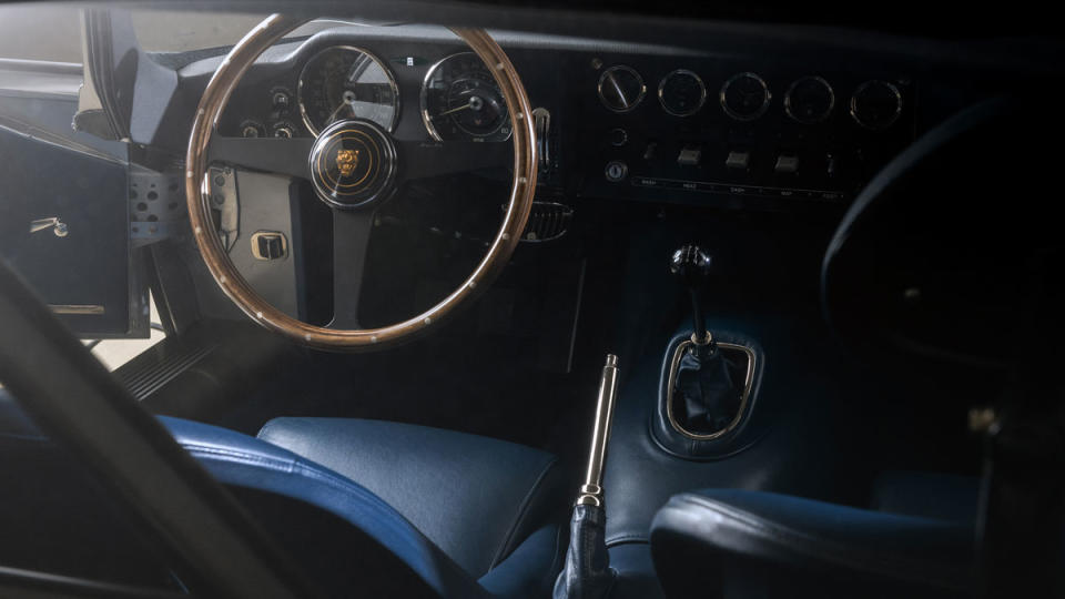 The interior of re-creation of a 1964 Jaguar E-Type Low-Drag Coupe.