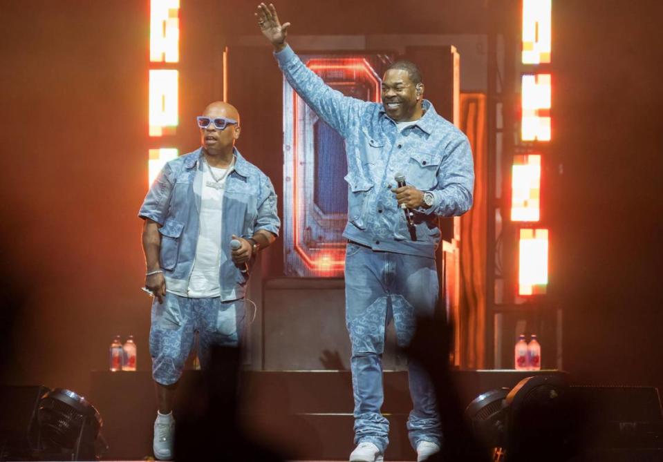 Busta Rhymes, right, accompanied by Spliff Star, performs before headliner Curtis “50 Cent” Jackson on The Final Lap Tour, also featuring Jeremih, at Golden 1 Center on Monday, Sept. 4, 2023, in Sacramento. Hype man Spliff Star Xavier Mascareñas/xmascarenas@sacbee.com