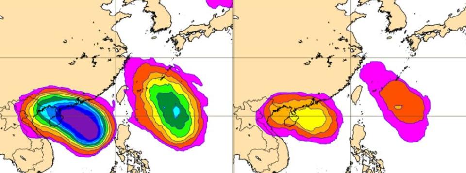 週六南海熱帶擾動發展機率最高值達90%以上，台灣東方海面另有一高值約70%。（圖／ECMWF）