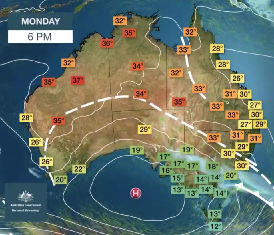 Weather map showing Sydney weather and the trough and low pressure system passing across the NSW coast.