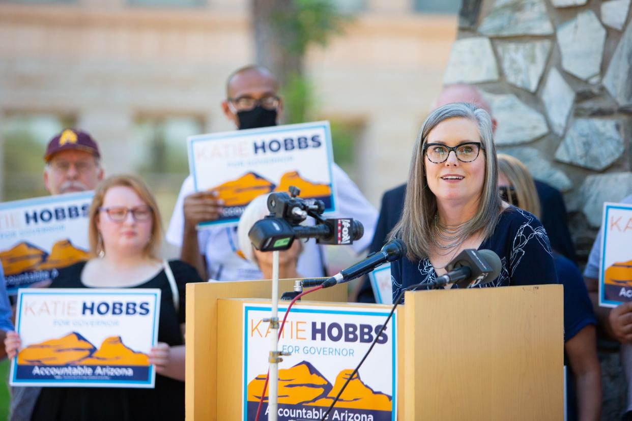 Secretary of State Katie Hobbs, who is running for governor, speaks during a news press conference on Nov. 4, 2021.