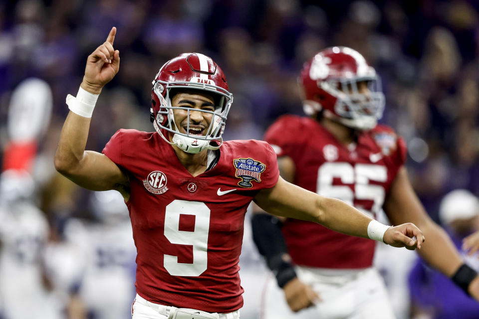 Alabama quarterback Bryce Young (9) is headed to the NFL after a sterling two-year run as the team's starter. (AP Photo/Butch Dill)