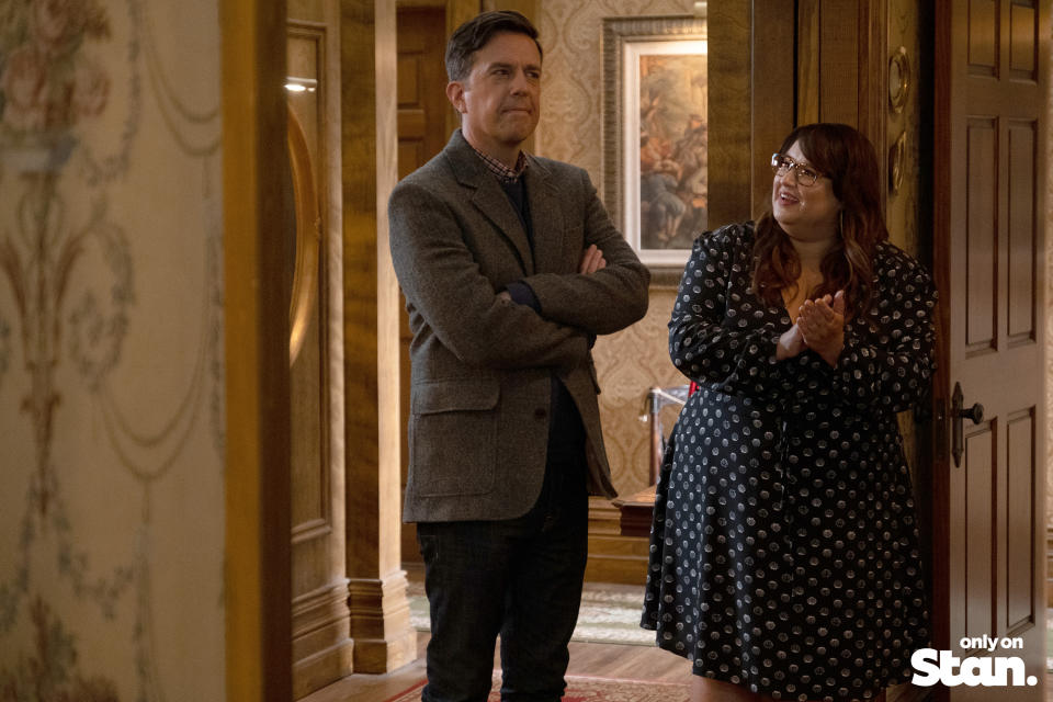 Nathan Rutherford (Ed Helms) and Reagan Wells (Jana Schmieding) in Rutherford Falls.