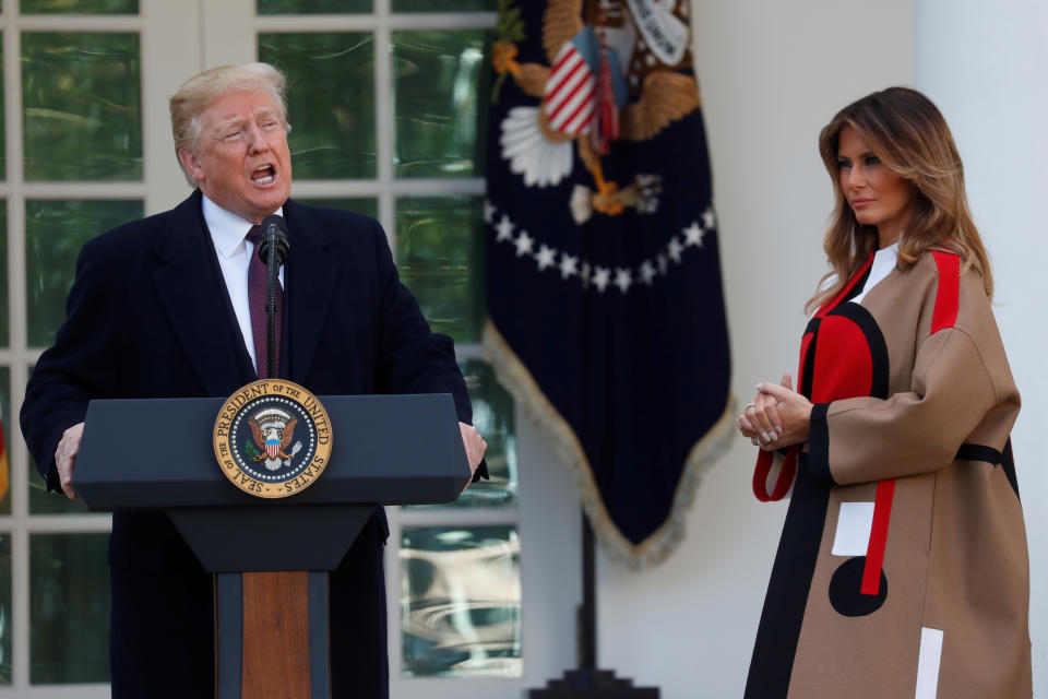 President Trump speaks next to first lady Melania Trump during the 71st presentation of the National Thanksgiving Turkey in the Rose Garden of the White House in Washington, D.C., on Nov. 20, 2018. (Photo: Leah Millis/Reuters)