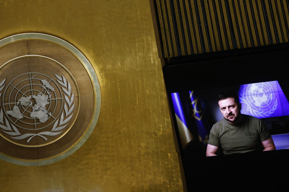 Ukrainian President Volodymyr Zelenskyy from video addresses the 77th session of the United Nations General Assembly, at U.N. headquarters, Wednesday, Sept. 21, 2022. (AP Photo/Jason DeCrow)