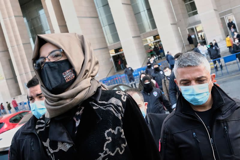 Hatice Cengiz, fiancee of the murdered Saudi journalist Khashoggi, leaves the courthouse in Istanbul