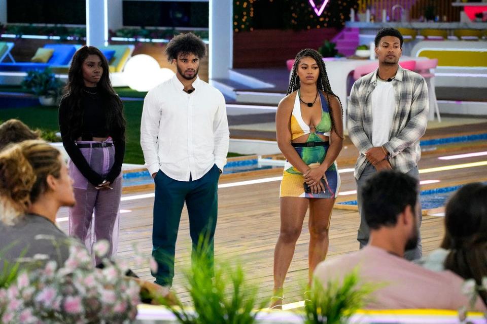 Sereniti Scott (left) and Chazz Bryant and Bria Bryant and Timmy Pandolfi couple up on Season 4, Episode 8, of "Love Island."