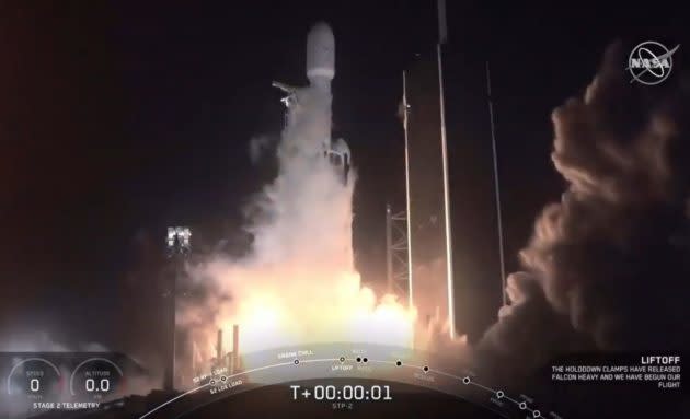 Launch pad video shows the Falcon Heavy liftoff from NASA’s Kennedy Space Center. (SpaceX via YouTube)