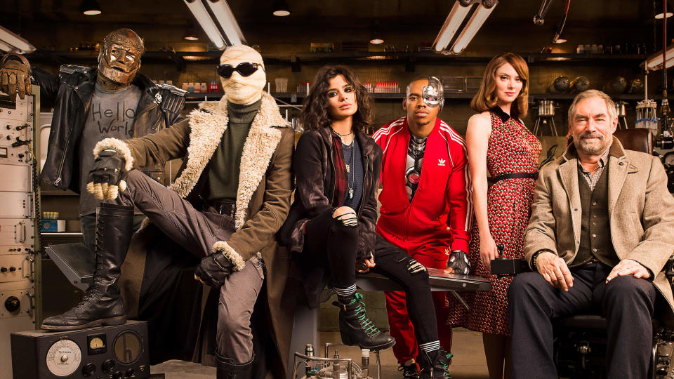 From left to right: Robotman (Brendan Fraser), Negative Man (Matt Bomer) Crazy Jane (Diane Guerrero), Cyborg (Joivan Wade), Elasti-Girl (April Bowlby), and Chief (Timothy Dalton) in a still from Doom Patrol