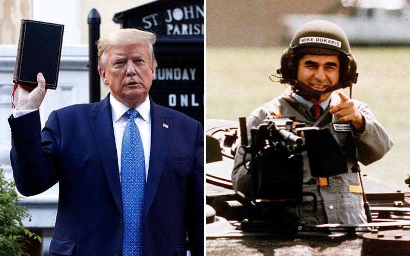 President Donald Trump on June 1, 2020, in Washington, D.C., and then-Massachusetts Gov. Mike Dukakis, the 1988 Democratic presidential nominee, campaigning in Sterling Heights, Michigan.