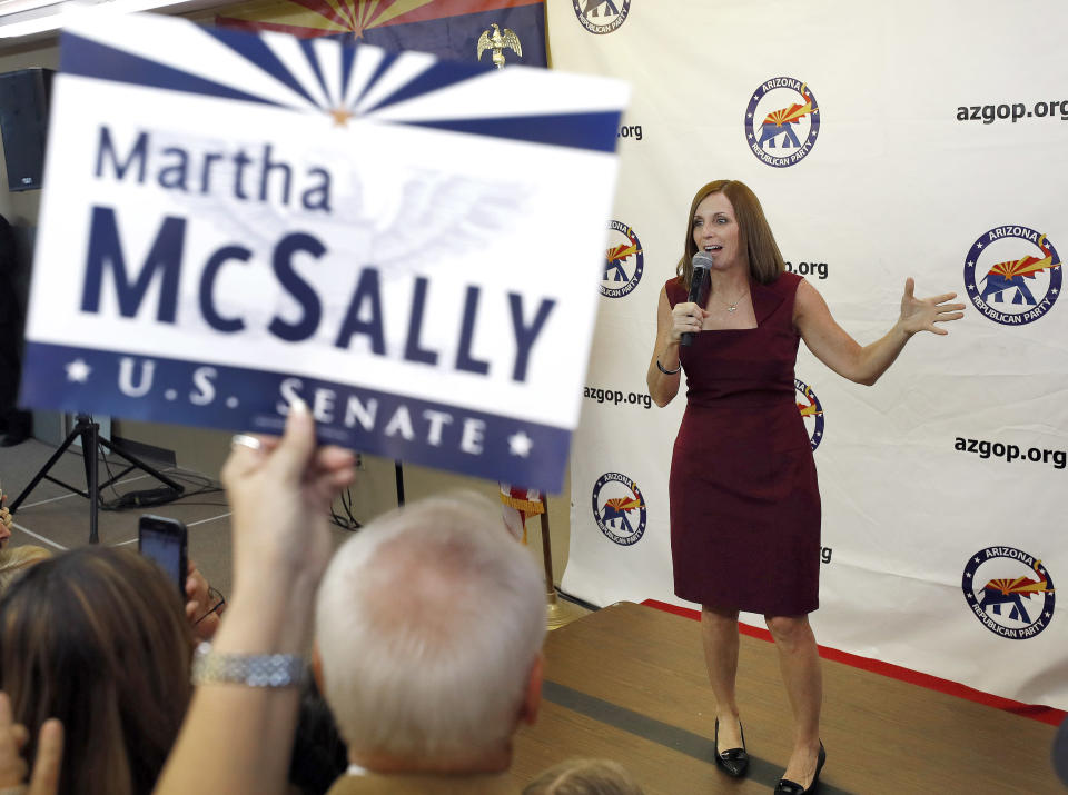 U.S. Rep. Martha McSally, R-Ariz., speaks at a campaign rally, Thursday, Nov. 1, 2018, in Sun City, Ariz. McSally is running against democrat Krysten Sinema for the U.S. Senate. (AP Photo/Matt York)