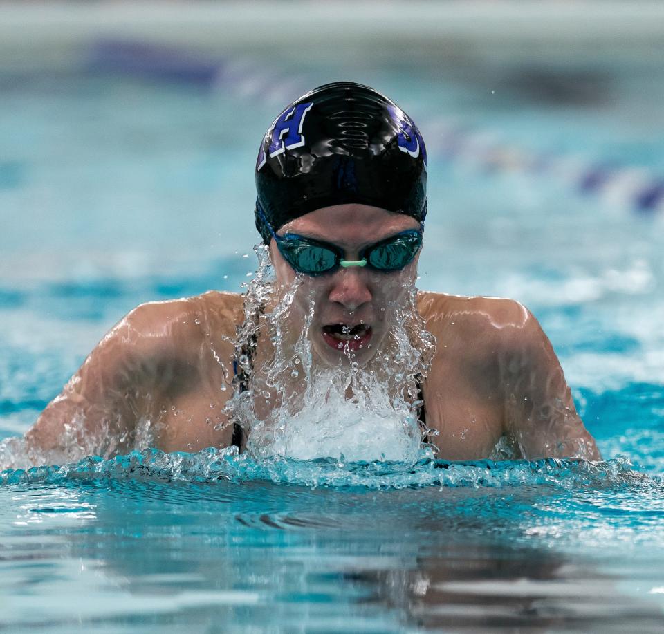 South's Emily Wang swims the Girl's 100 Yard Breaststroke during the 2024 Counsilman Classic Swimming & Diving Meet between the Bloomington North Cougars and Bloomington South Panthers at Bloomington High School South Natatorium on January 13, 2024