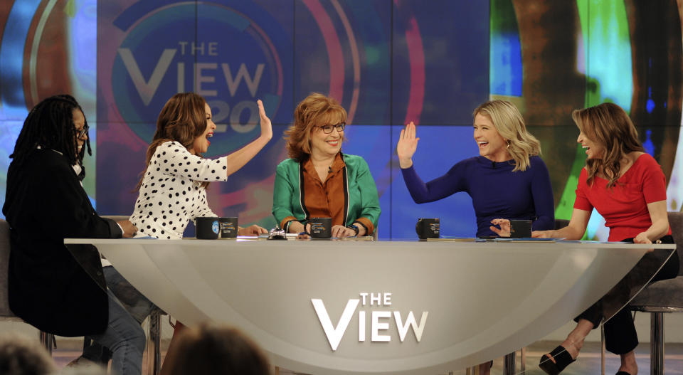 In this Feb. 28, 2017 photo released by ABC, co-hosts, from left, Whoopi Goldberg, Sunny Hostin, Joy Behar, Sara Haines and Jedediah Bila appear during a broadcast of, "The View," in New York. The unquenchable thirst for chatter about President Donald Trump has changed the dynamics of a fierce daytime television competition much as it has in late-night TV. "The View" has spent more time talking politics with the arrival of a new administration, stopping the momentum of its rival "The Talk," which sticks to pop culture. (Paula Lobo/ABC via AP)