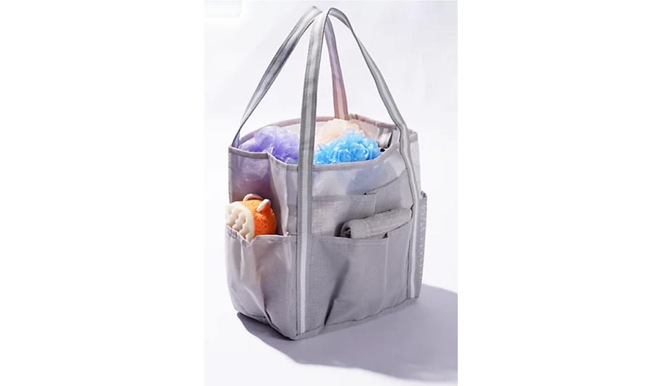 Mesh bag filled with shower supplies