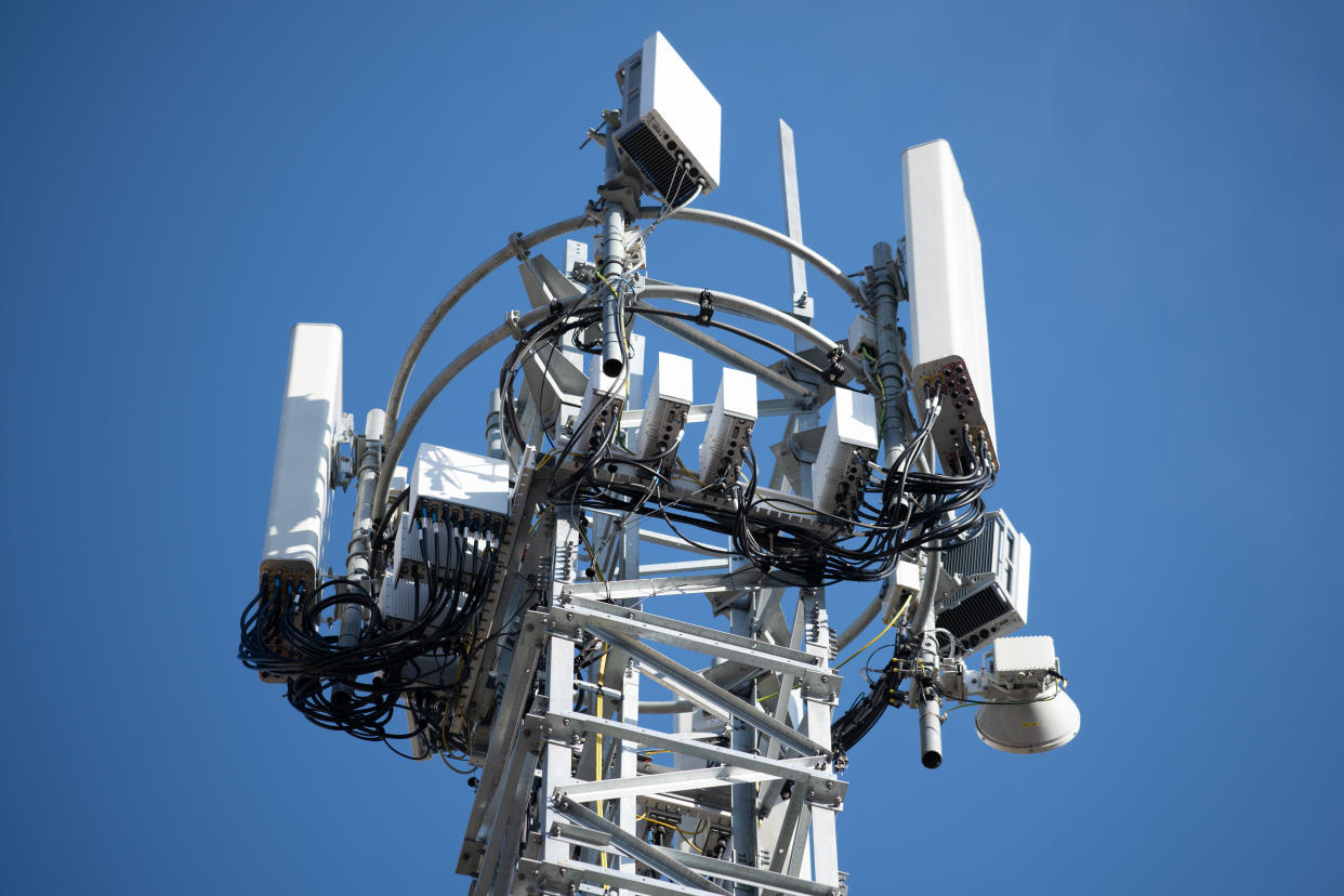 CARDIFF, UNITED KINGDOM - APRIL 04: A 5G mobile phone mast on April 04, 2020 in Cardiff, United Kingdom. There have been isolated cases of 5G phone masts being vandalised following claims online that the masts are responsible for coronavirus. The Coronavirus (COVID-19) pandemic has spread to many countries across the world, claiming over 70,000 lives and infecting over 1 million people. (Photo by Matthew Horwood/Getty Images)