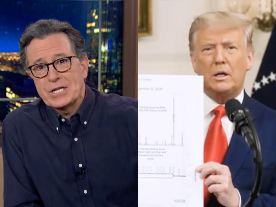 Stephen Colbert on his US TV show, and Donald Trump in his surprise Facebook speech (CBS)