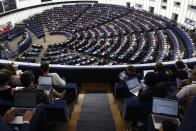 FILE - European Parliament members meet in a plenary session on Wednesday, Sept. 14, 2022, in Strasbourg, eastern France. Leaders from more than 40 countries will gather Thursday, Oct. 6, 2022, in Prague, to launch a "European Political Community" aimed at boosting security and economic prosperity across the continent, but critics claim the new forum is an attempt to put the brakes on European Union enlargement. (AP Photo/Jean-Francois Badias, File)