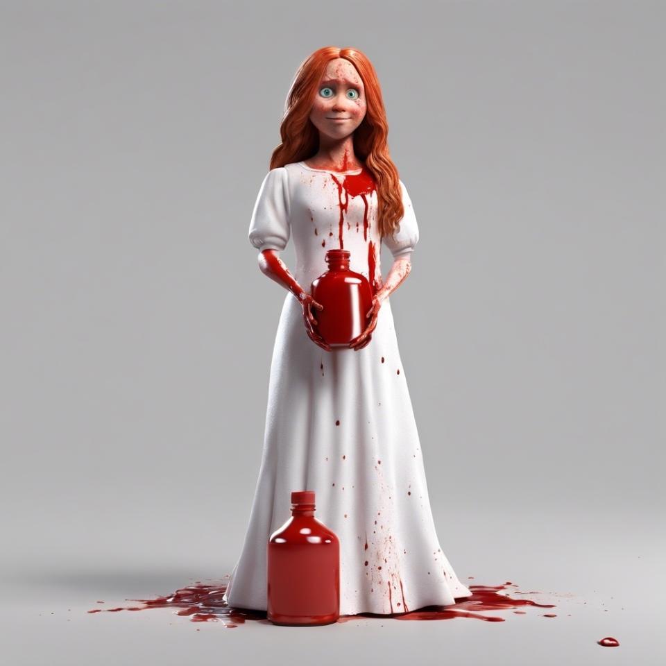 A figurine of animated character Carrie in a white dress splattered with red, holding a ketchup bottle