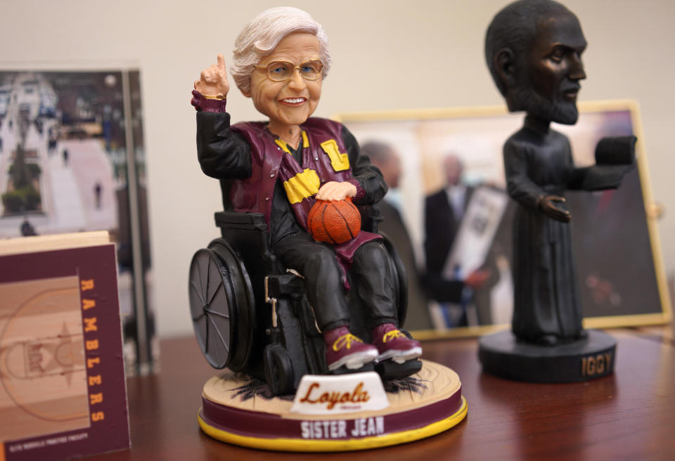 A bobblehead of Loyola University men's basketball chaplain and school celebrity, Sister Jean Dolores Schmidt, sits on display in her office on Monday, Jan. 23, 2023, in Chicago. The beloved Catholic nun captured the world's imagination and became something of a folk hero while supporting the Ramblers at the NCAA Final Four in 2018. (AP Photo/Jessie Wardarski)