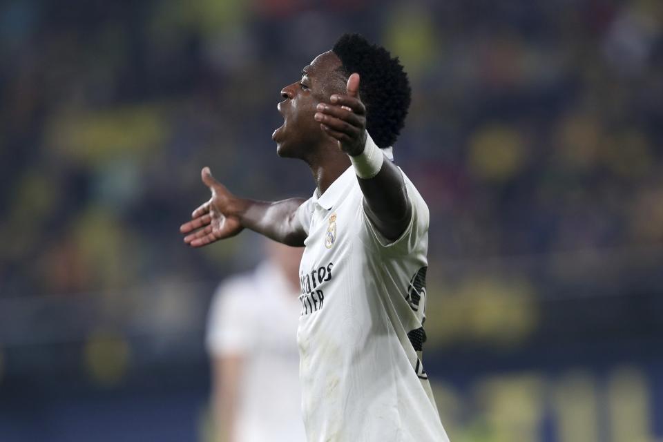 Real Madrid's Vinicius Junior reacts during the Spanish La Liga soccer match between Villareal and Real Madrid at Estadio De La Ceramica in Villareal, eastern Spain, Saturday, Jan. 7, 2023. (AP Photo/Alberto Saiz)