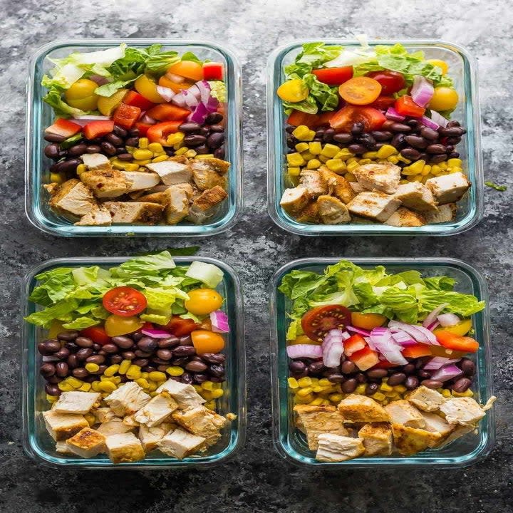 Southwestern chicken salad in glass containers.