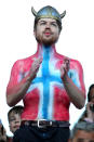 A Norway fan in a viking hat with the national flag painted on his chest during the 2019 FIFA Women's World Cup France group A match between Norway and Nigeria at Stade Auguste Delaune on June 8, 2019 in Reims, France. (Photo by Charlotte Wilson/Offside/Getty Images)